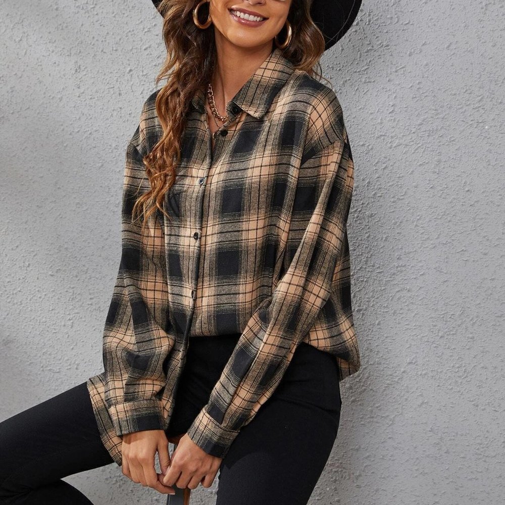 Black and Khaki Casual Womens Plaid Print Drop Shoulder Shirt
